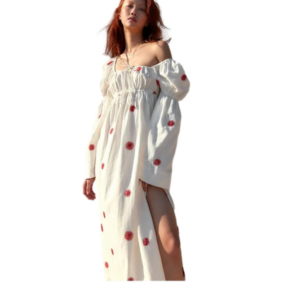 Free People Boho White Emory Embroidered Midi Dress -Oversized Small - NWOT - Picture 2 of 13